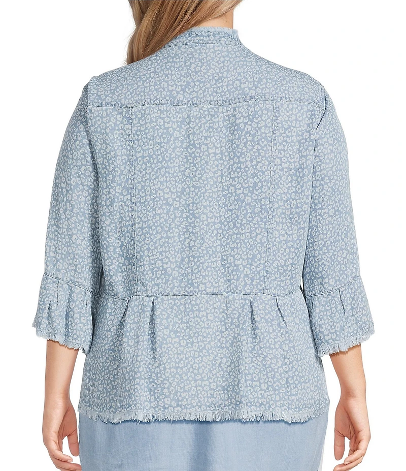 Multiples Plus Size Lyocell Printed Point Collar 3/4 Flounce Sleeve Button Front Peplum Jacket