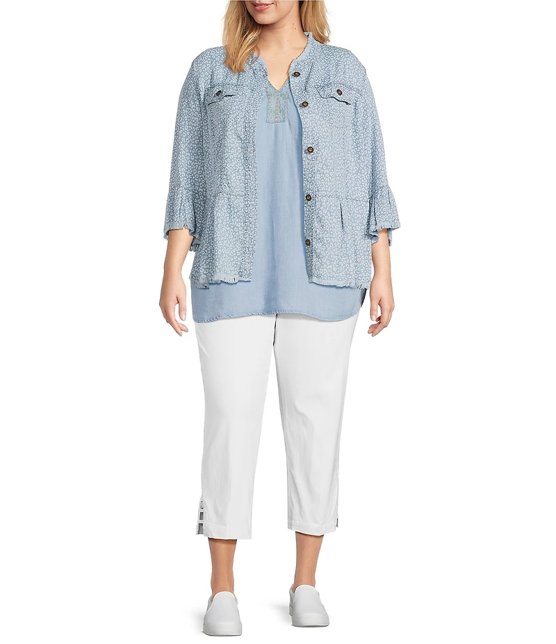 Multiples Plus Size Lyocell Printed Point Collar 3/4 Flounce Sleeve Button Front Peplum Jacket