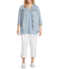 Multiples Plus Size Lyocell Printed Point Collar 3/4 Flounce Sleeve Button Front Peplum Jacket
