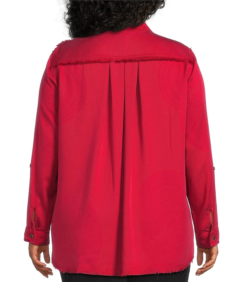 Multiples Plus Size Lyocell Twill Point Collar Long Roll-Tab Sleeve Button Front Fringed Shirt
