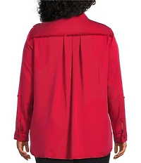 Multiples Plus Size Lyocell Twill Point Collar Long Roll-Tab Sleeve Button Front Fringed Shirt