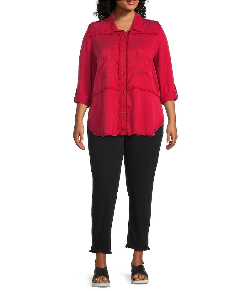 Multiples Plus Size Lyocell Twill Point Collar Long Roll-Tab Sleeve Button Front Fringed Shirt