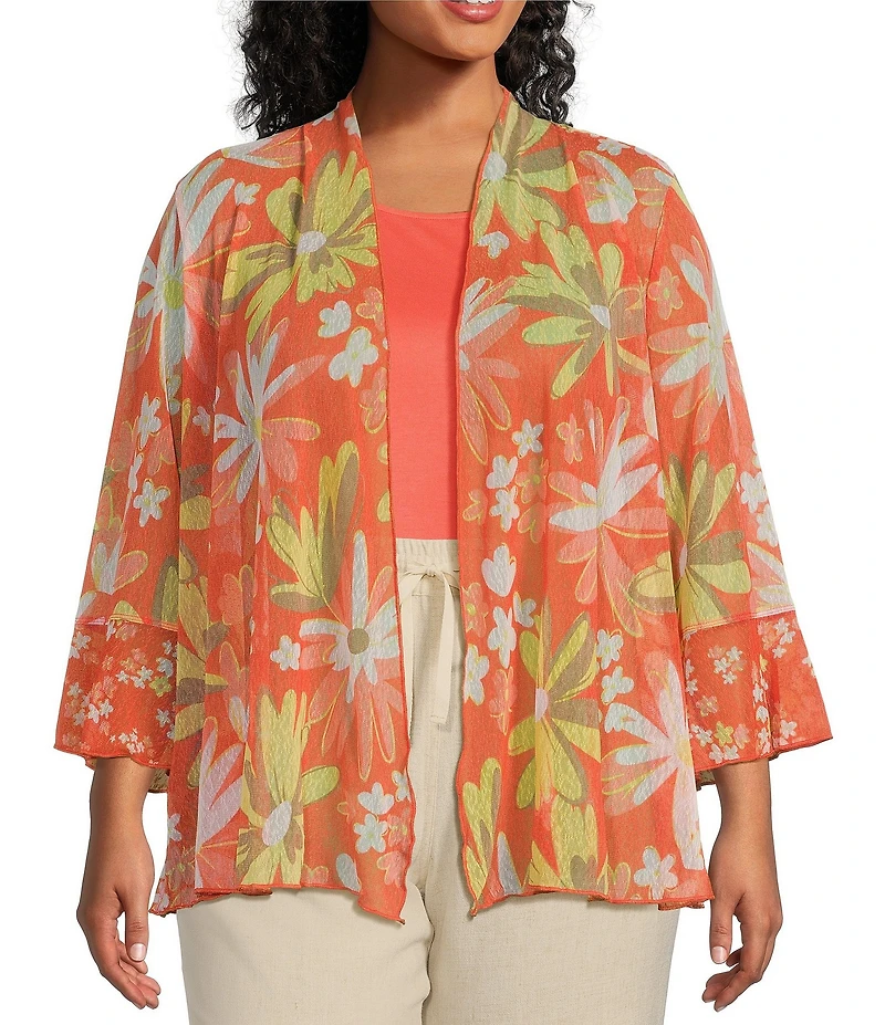 Multiples Plus Size Onionskin Melon Print Shawl Neck 3/4 Flounce Sleeve Open-Front Jacket