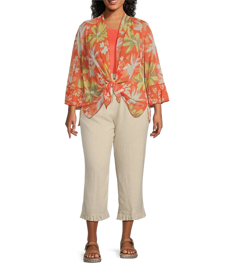 Multiples Plus Size Onionskin Melon Print Shawl Neck 3/4 Flounce Sleeve Open-Front Jacket