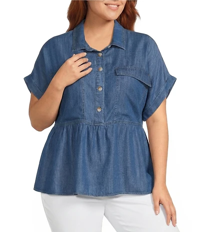 Multiples Plus Size Point Collar Short Dolman Sleeve Peplum Denim Top