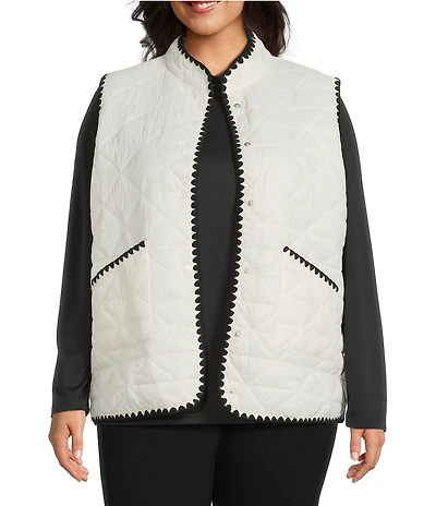 Multiples Plus Size Quilted Woven Stand Collar Sleeveless Fitted Vest