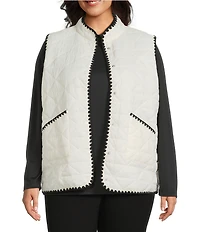 Multiples Plus Size Quilted Woven Stand Collar Sleeveless Fitted Vest