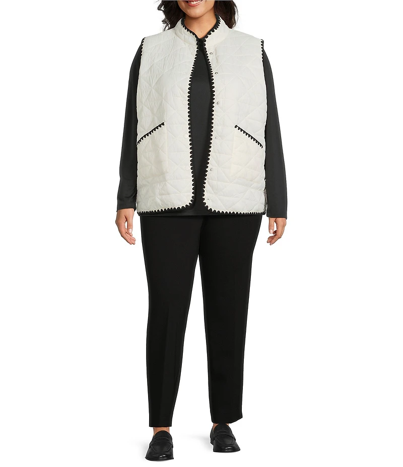 Multiples Plus Size Quilted Woven Stand Collar Sleeveless Fitted Vest