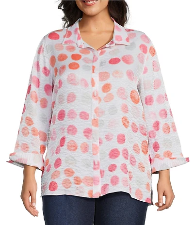 Multiples Plus Size Shimmer Woven Dot Print Point Collar 3/4 Turn-Up Sleeve Button-Front Shirt