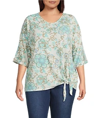 Multiples Plus Size Slub Batik Multi Printed V-Neck 3/4 Dolman Sleeve Top