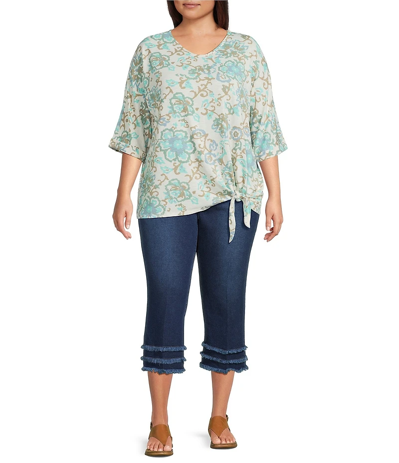 Multiples Plus Size Slub Batik Multi Printed V-Neck 3/4 Dolman Sleeve Top