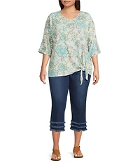 Multiples Plus Size Slub Batik Multi Printed V-Neck 3/4 Dolman Sleeve Top