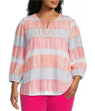 Multiples Plus Size Slub Jersey Knit Embroidered Split V-Neck 3/4 Sleeve Georgette Top