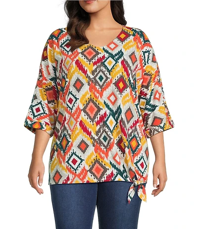 Multiples Plus Size Slub Knit Diamond Multi V-Neck 3/4 Dolman Sleeve Top