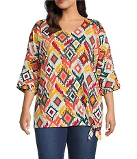 Multiples Plus Size Slub Knit Diamond Multi V-Neck 3/4 Dolman Sleeve Top