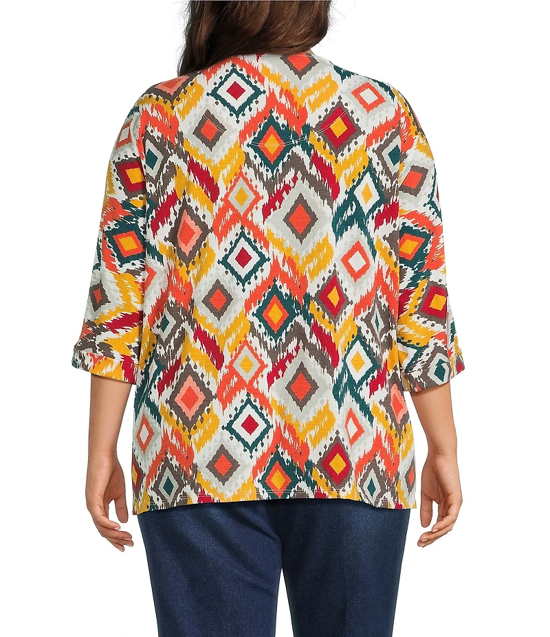 Multiples Plus Size Slub Knit Diamond Multi V-Neck 3/4 Dolman Sleeve Top