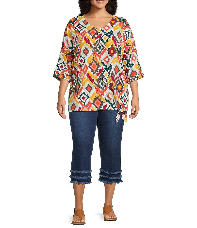 Multiples Plus Size Slub Knit Diamond Multi V-Neck 3/4 Dolman Sleeve Top
