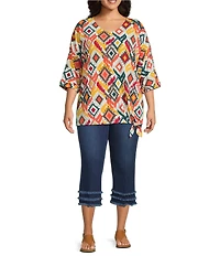 Multiples Plus Size Slub Knit Diamond Multi V-Neck 3/4 Dolman Sleeve Top