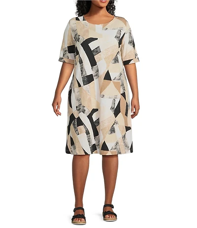 Multiples Plus Size Slub Knit Geometric Multi Scoop Neck Elbow Sleeve Fit And Flare Dress