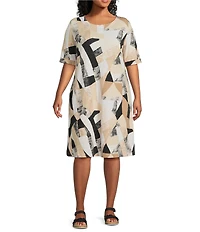 Multiples Plus Size Slub Knit Geometric Multi Scoop Neck Elbow Sleeve Fit And Flare Dress