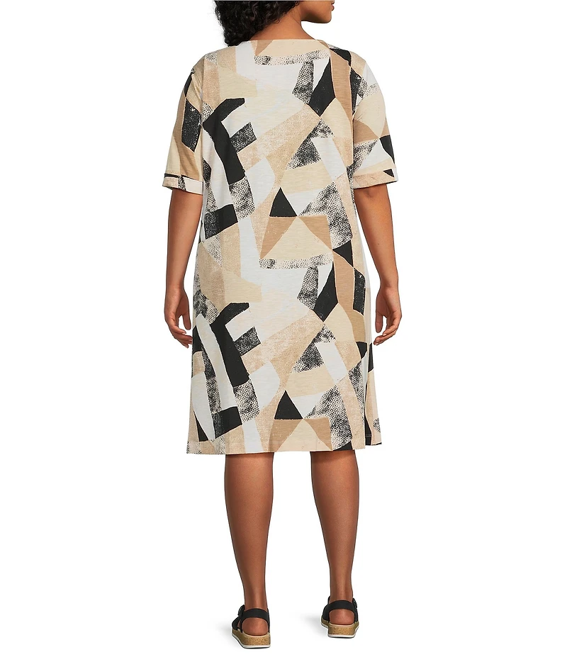 Multiples Plus Size Slub Knit Geometric Multi Scoop Neck Elbow Sleeve Fit And Flare Dress