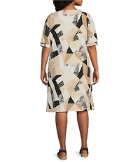 Multiples Plus Size Slub Knit Geometric Multi Scoop Neck Elbow Sleeve Fit And Flare Dress