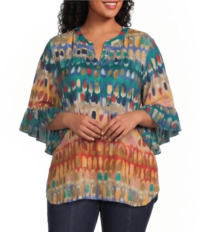 Multiples Plus Size Slub Knit Multi Print Banded Y-Neck Elbow Flounce Sleeve Top