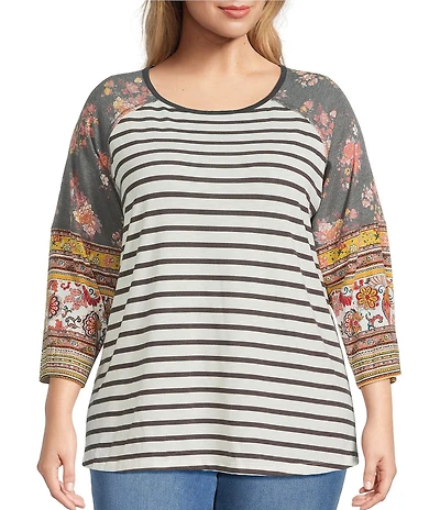 Multiples Plus Size Slub Knit Multi Printed Scoop Neck 3/4 Raglan Sleeve Top