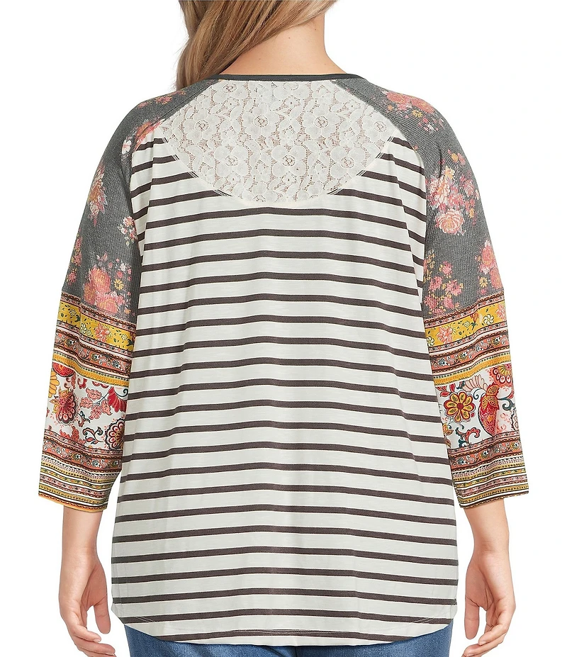 Multiples Plus Size Slub Knit Multi Printed Scoop Neck 3/4 Raglan Sleeve Top