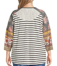 Multiples Plus Size Slub Knit Multi Printed Scoop Neck 3/4 Raglan Sleeve Top
