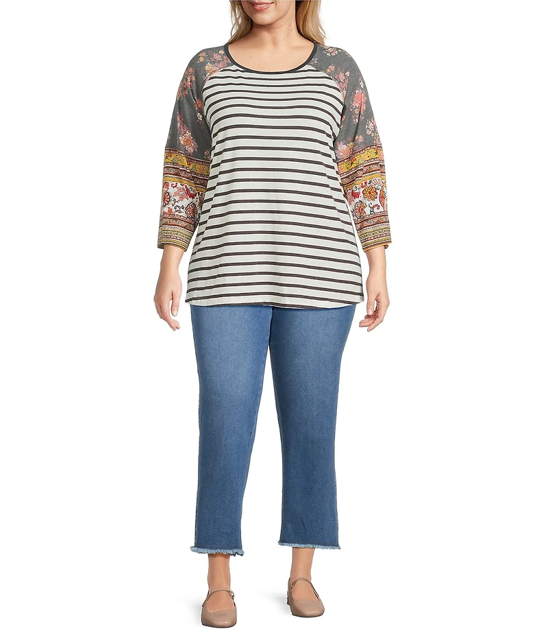 Multiples Plus Size Slub Knit Multi Printed Scoop Neck 3/4 Raglan Sleeve Top