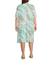 Multiples Plus Size Slub Knit Printed Scoop Neck Elbow Sleeve Dress