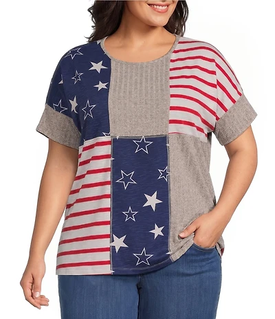 Multiples Plus Size Slub Knit Yarn Dye Stripe Star Print Scoop Neck Short Dolman Sleeve Top