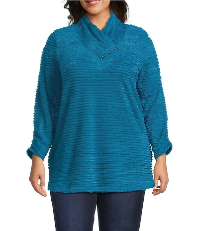 Multiples Plus Size Soft Textured Striped Plush Rib Knit Wrap Collar 3/4 Bungee Sleeve Top