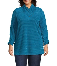 Multiples Plus Size Soft Textured Striped Plush Rib Knit Wrap Collar 3/4 Bungee Sleeve Top