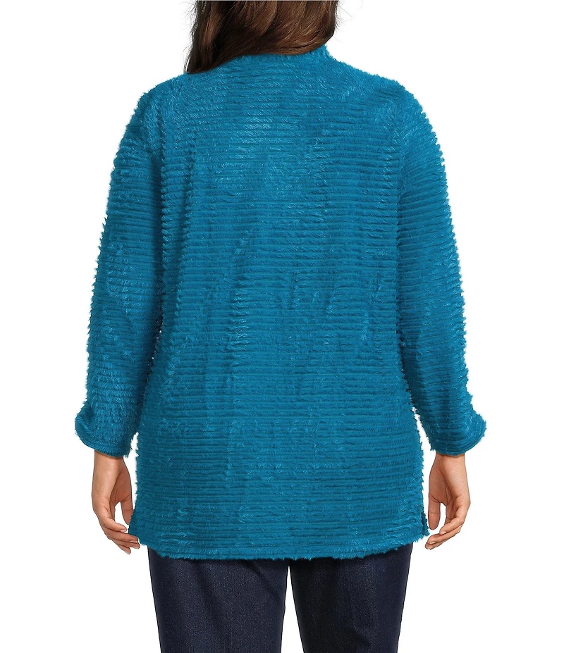 Multiples Plus Size Soft Textured Striped Plush Rib Knit Wrap Collar 3/4 Bungee Sleeve Top