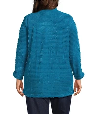 Multiples Plus Size Soft Textured Striped Plush Rib Knit Wrap Collar 3/4 Bungee Sleeve Top