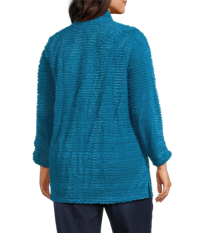 Multiples Plus Size Soft Textured Striped Plush Rib Knit Wrap Collar 3/4 Bungee Sleeve Top