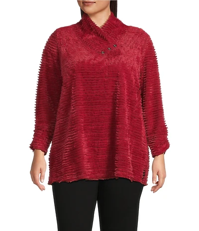 Multiples Plus Size Soft Textured Striped Plush Rib Knit Wrap Collar 3/4 Bungee Sleeve Top