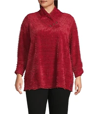 Multiples Plus Size Soft Textured Striped Plush Rib Knit Wrap Collar 3/4 Bungee Sleeve Top