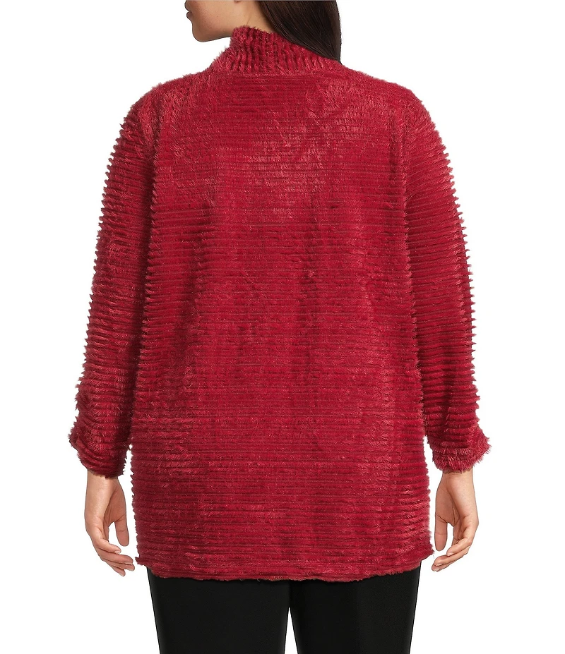 Multiples Plus Size Soft Textured Striped Plush Rib Knit Wrap Collar 3/4 Bungee Sleeve Top