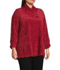 Multiples Plus Size Soft Textured Striped Plush Rib Knit Wrap Collar 3/4 Bungee Sleeve Top