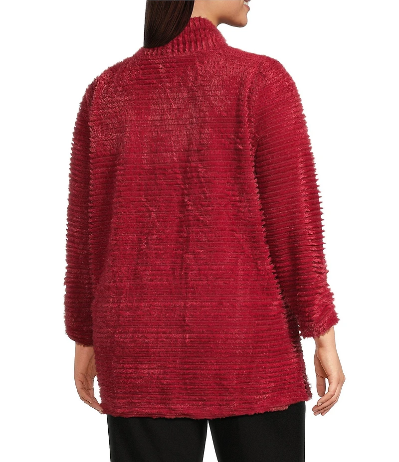 Multiples Plus Size Soft Textured Striped Plush Rib Knit Wrap Collar 3/4 Bungee Sleeve Top