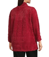 Multiples Plus Size Soft Textured Striped Plush Rib Knit Wrap Collar 3/4 Bungee Sleeve Top