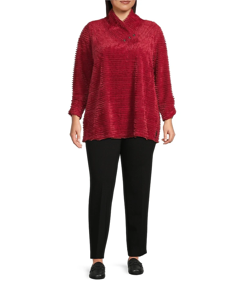 Multiples Plus Size Soft Textured Striped Plush Rib Knit Wrap Collar 3/4 Bungee Sleeve Top