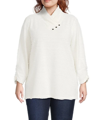 Multiples Plus Size Soft Textured Striped Plush Rib Knit Wrap Collar 3/4 Bungee Sleeve Top