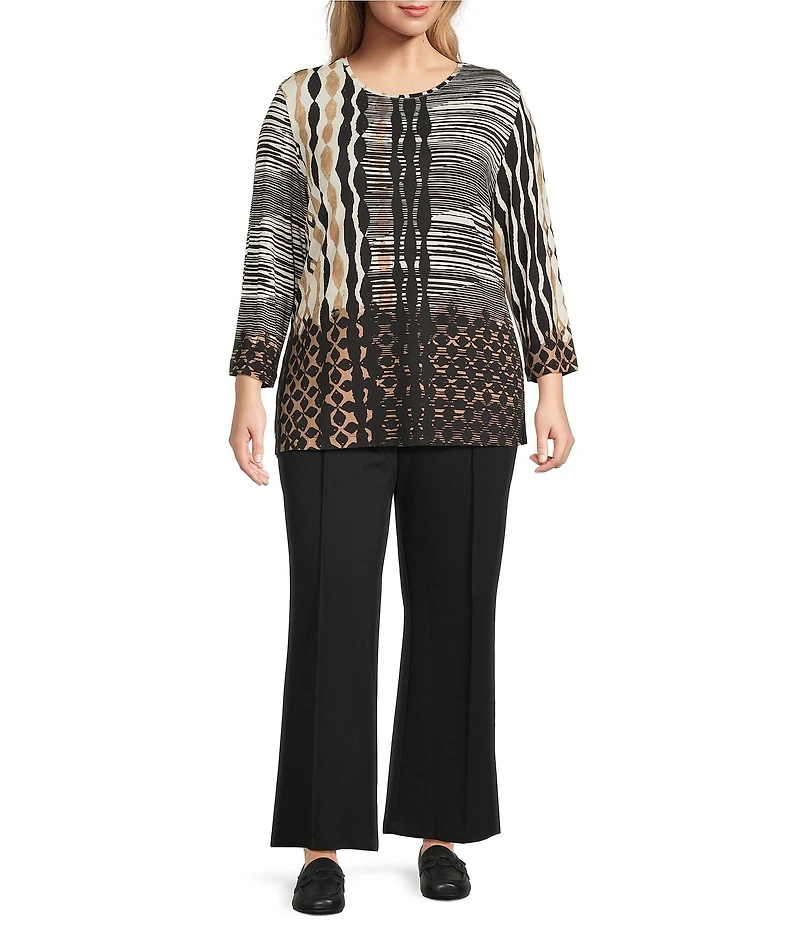 Multiples Plus Size Solid 4-Way Stretch Ponte Elastic No-Waist Pintuck Pull-On Flare Leg Ankle Pants
