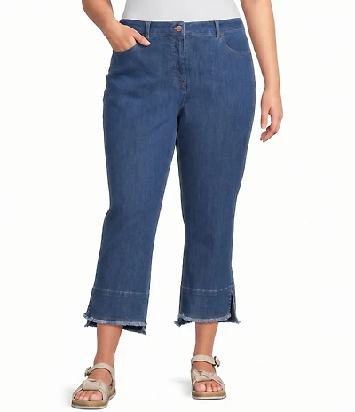 Multiples Plus Size Solid Denim 4-Way Stretch Double Fringe Trim Hem Crop Pants