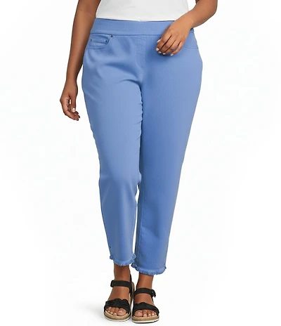 Multiples Plus Size Solid Garment Dyed Functional Pockets Straight Leg Fringe Hem Pull-On Ankle Pants