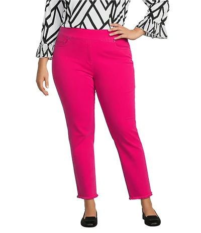 Multiples Plus Size Solid Garment Dyed Functional Pockets Straight Leg Fringe Hem Pull-On Ankle Pants